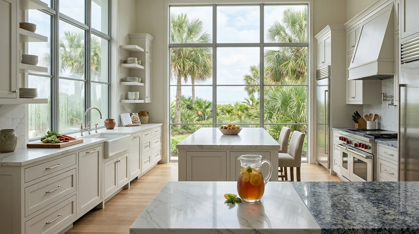 Kitchen countertop comparison in Palm Beach County home showing quartz and quartzite surfaces, South Florida Kitchen and Bath Design